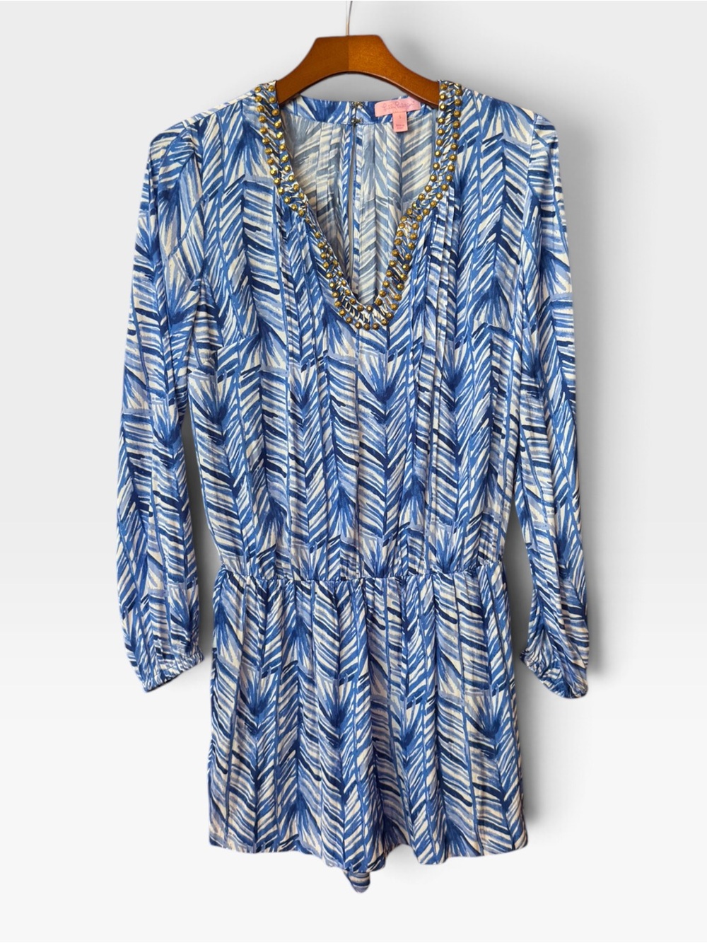 Lilly Pulitzer Blue White Beaded Neck Long Sleeve Romper S